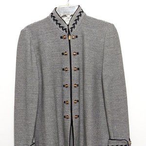 St John Sz 2 Fingertip jacket - zip up, gold buttons, black and white